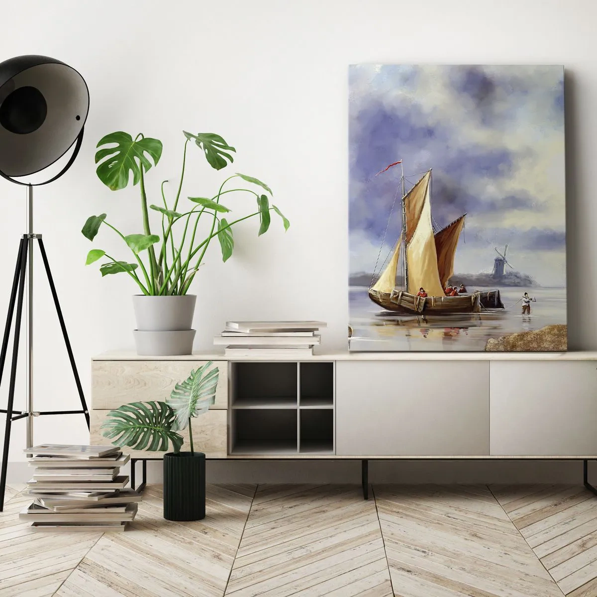 Cuadro sobre lienzo - Impresión de Imagen - Veleros en aguas tranquilas con molinos de viento al fondo - 50x70cm - El regreso de los marineros - Decoración de pared moderna para salón y dormitorio ARTTOR