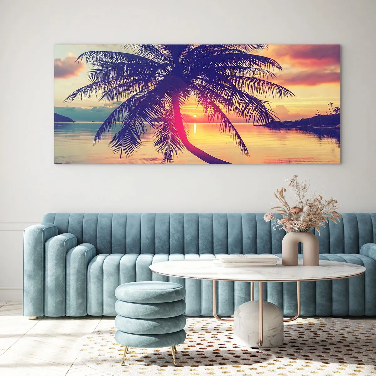 Cuadro sobre vidrio - Impresiones sobre Vidrio - Puesta de sol con una palmera sobre una orilla tranquila - 120x50cm - Atardecer bajo las palmeras - Decoración de pared moderna para salón y dormitorio ARTTOR