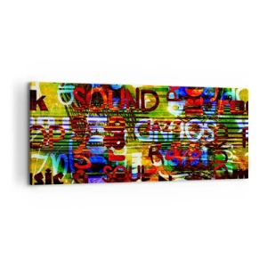 Cuadro sobre lienzo - Impresión de Imagen - Abstracción colorida con inscripciones musicales en estilo pop art. - 120x50cm - Todos los tonos del sonido - Decoración de pared moderna para salón y dormitorio ARTTOR