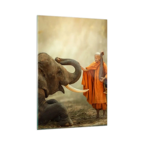 Cuadro sobre vidrio - Impresiones sobre Vidrio - Un monje y un elefante en armonía con la naturaleza como telón de fondo. - 80x120cm - Un encuentro en un viaje - Decoración de pared moderna para salón y dormitorio ARTTOR