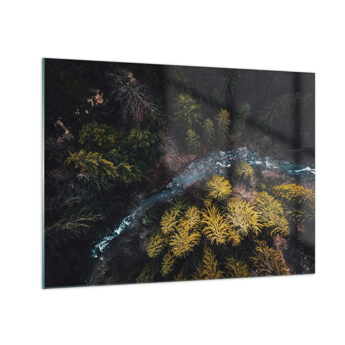 Cuadro sobre vidrio - Impresiones sobre Vidrio - Una vista de pájaro de un paisaje forestal con un arroyo sinuoso. - 70x50cm - Rápido, cada vez más rápido - Decoración de pared moderna para salón y dormitorio ARTTOR