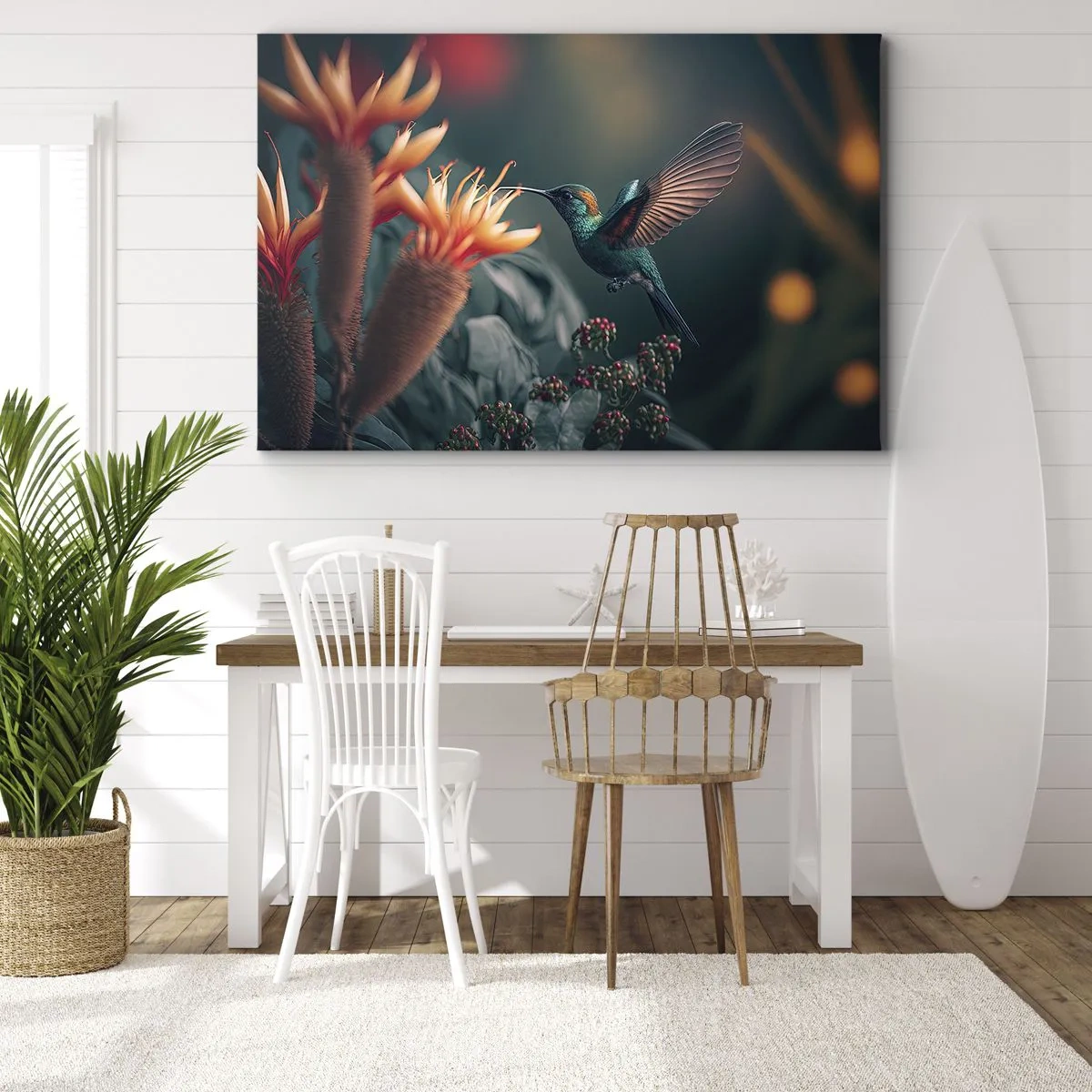 Cuadro sobre lienzo - Impresión de Imagen - Un colibrí colorido junto a las flores contra un fondo natural. - 120x80cm - Una vida verdaderamente colorida - Decoración de pared moderna para salón y dormitorio ARTTOR