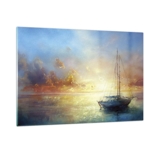 Cuadro sobre vidrio - Impresiones sobre Vidrio - Un velero en un mar tranquilo durante una puesta de sol dorada. - 120x80cm - En una bahía dorada - Decoración de pared moderna para salón y dormitorio ARTTOR