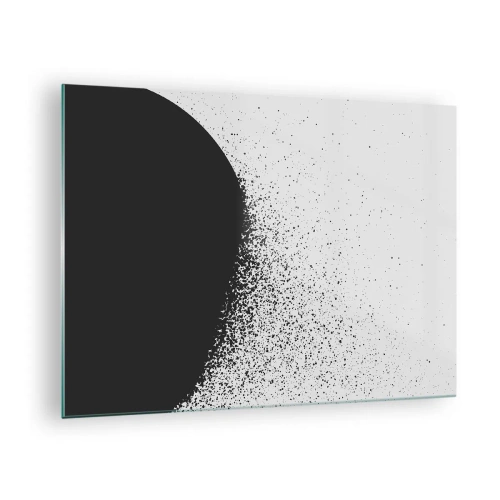 Cuadro sobre vidrio - Impresiones sobre Vidrio - Abstracción de una masa negra que se deshace sobre un fondo blanco - 70x50cm - El movimiento de las partículas - Decoración de pared moderna para salón y dormitorio ARTTOR