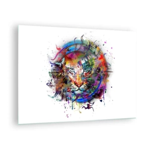 Cuadro sobre vidrio - Impresiones sobre Vidrio - Retrato colorido de un león en un estilo artístico con acentos abstractos. - 70x50cm - Al acecho tras la cortina arco iris - Decoración de pared moderna para salón y dormitorio ARTTOR