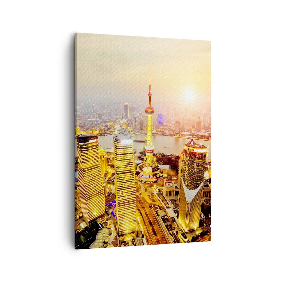 Cuadro sobre lienzo - Impresión de Imagen - Panorama de la ciudad con rascacielos al atardecer - 50x70cm - Sueño asiático - Decoración de pared moderna para salón y dormitorio ARTTOR