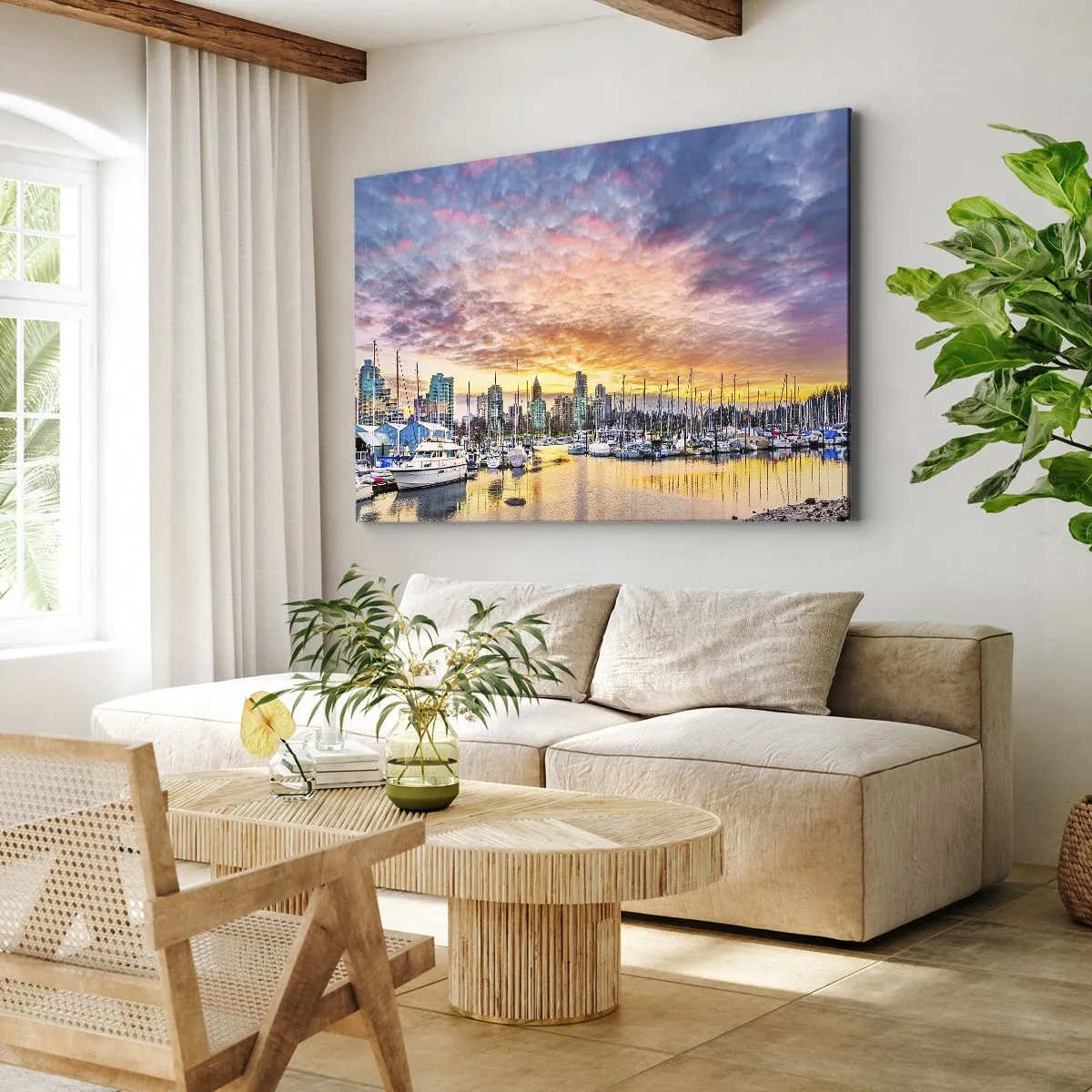 Cuadro sobre lienzo - Impresión de Imagen - Puerto deportivo con yates y paisaje urbano al atardecer - 70x50cm - Una ciudad de mil marineros - Decoración de pared moderna para salón y dormitorio ARTTOR