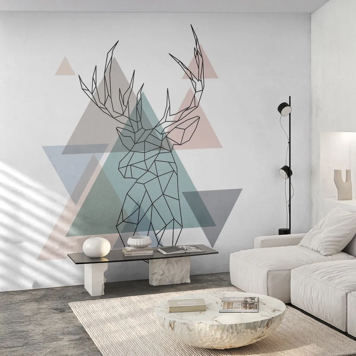 Fotomural Premium Sand - Ciervo geométrico con elementos triangulares. - 100x70cm - En un bosque geométrico - Decoración de pared moderna para salón y dormitorio ARTTOR