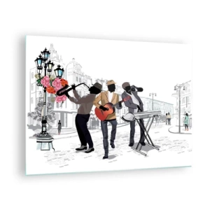 Cuadro sobre vidrio - Impresiones sobre Vidrio - Una banda de jazz tocando en la calle. - 70x50cm - Música de la calle - Decoración de pared moderna para salón y dormitorio ARTTOR