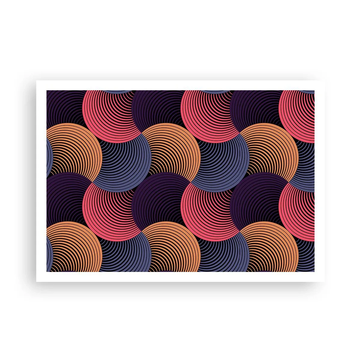 Póster - Círculos geométricos en tonos rosa, morado y dorado. - 100x70cm - En un ritmo circular - Decoración de pared moderna para salón y dormitorio ARTTOR