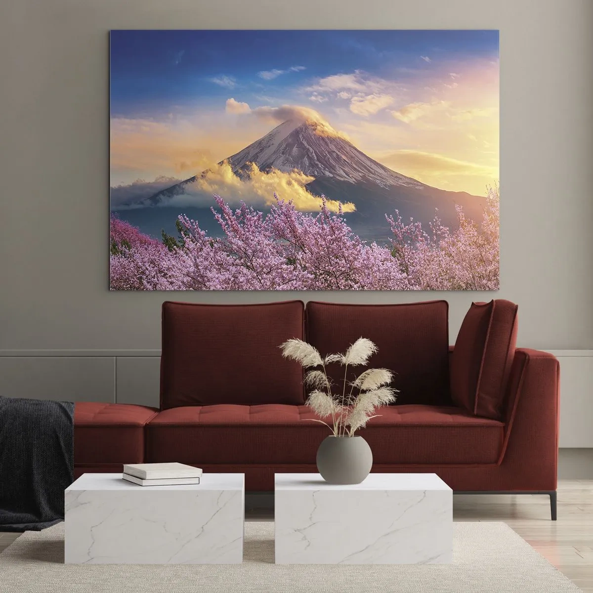 Cuadro sobre vidrio - Impresiones sobre Vidrio - El monte Fuji al fondo con árboles de sakura en flor en primer plano - 70x50cm - La santidad japonesa - Decoración de pared moderna para salón y dormitorio ARTTOR