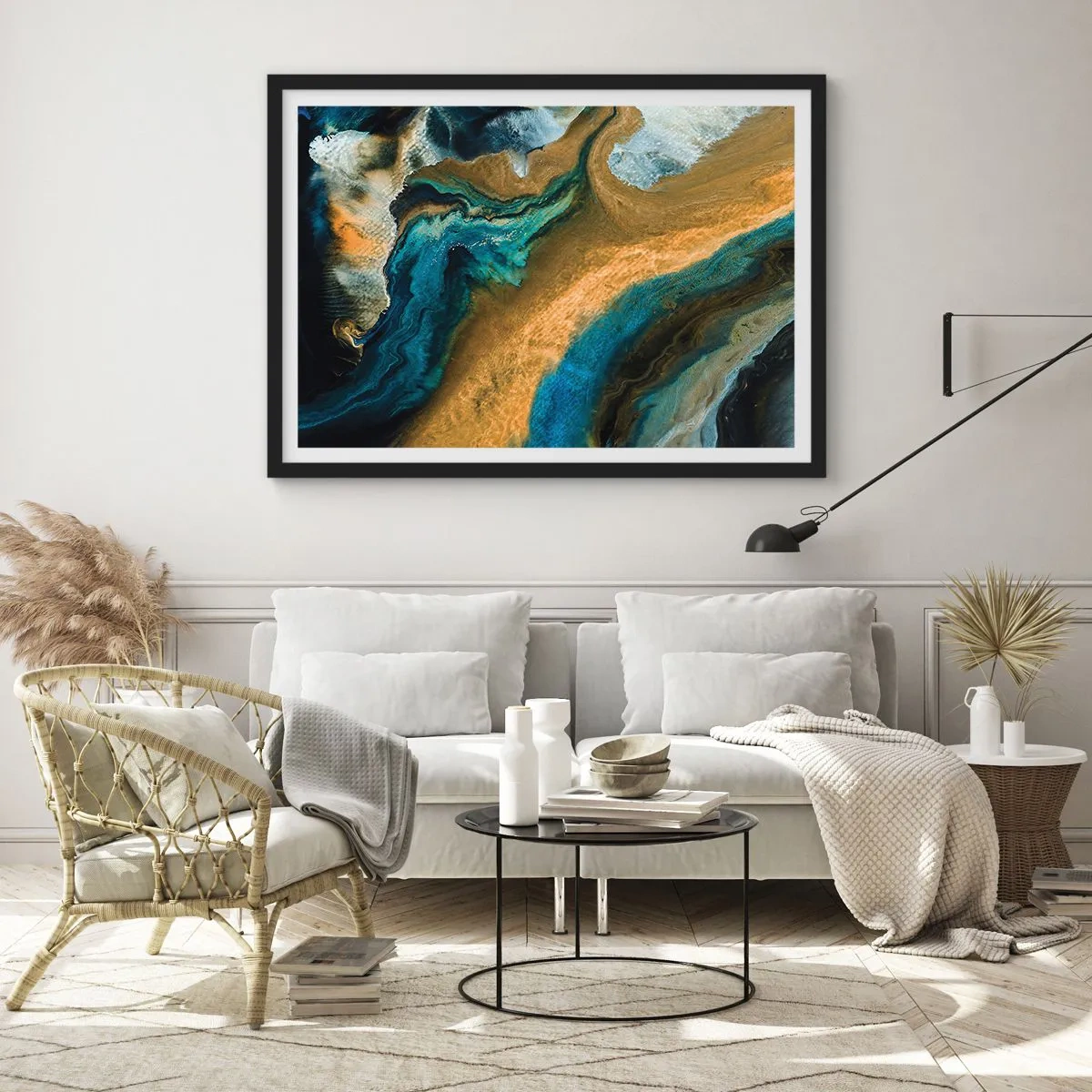 Póster en marco negro - Azul - amarillo - influencia mutua - 91x61 cm