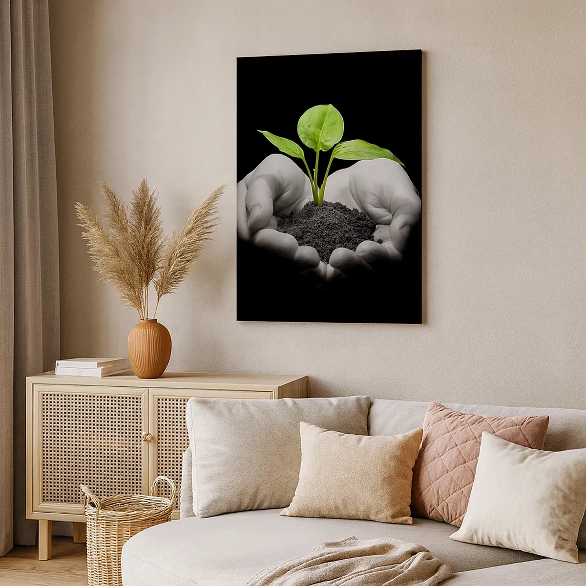Cuadro sobre lienzo - Impresión de Imagen - Manos sosteniendo una planta verde sobre un fondo negro - 50x70cm - Amo la naturaleza, la protejo - Decoración de pared moderna para salón y dormitorio ARTTOR