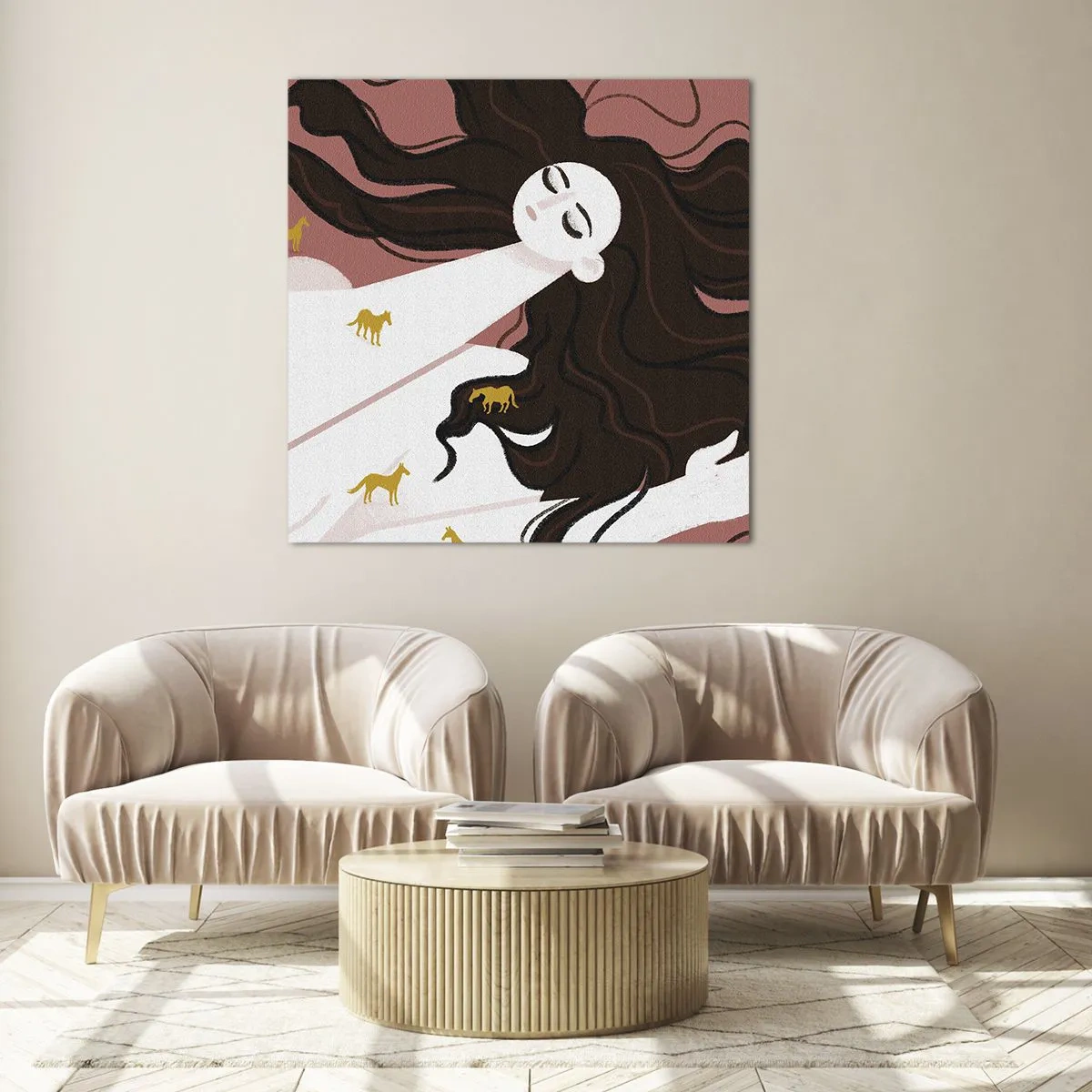 Cuadro sobre vidrio - Impresiones sobre Vidrio - Sueño de caballos dorados - 50x50 cm