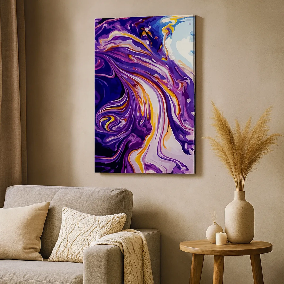 Cuadro sobre lienzo - Impresión de Imagen - Un patrón abstracto dinámico en tonos morado y amarillo. - 50x70cm - Una curva en el violeta - Decoración de pared moderna para salón y dormitorio ARTTOR