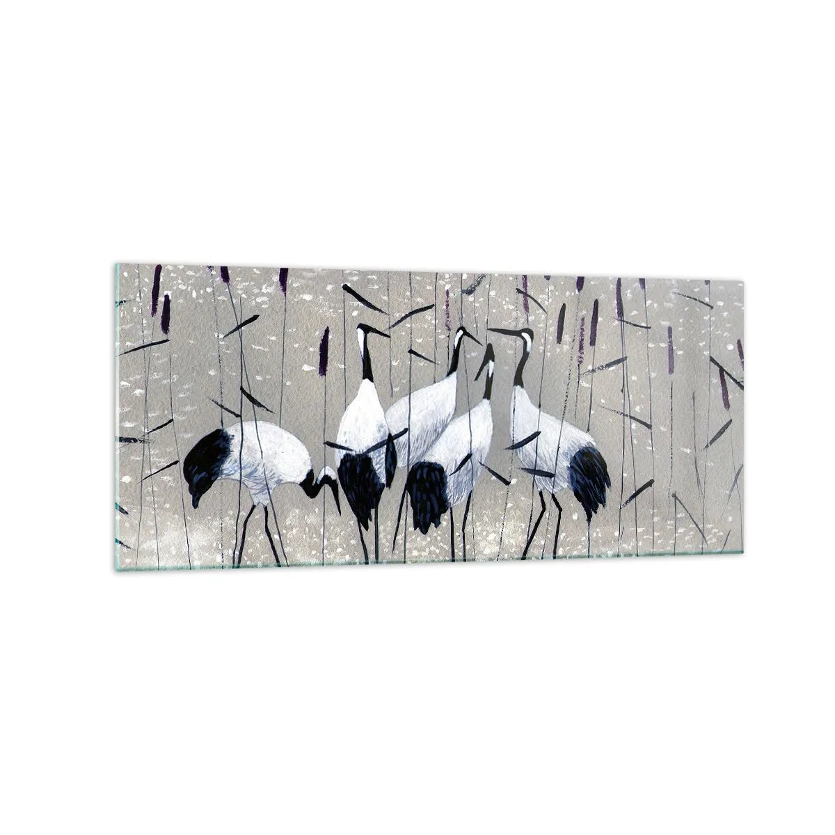 Cuadro sobre vidrio - Impresiones sobre Vidrio - Garzas en la hierba contra un fondo tranquilo - 120x50cm - Entre los suyos - Decoración de pared moderna para salón y dormitorio ARTTOR