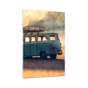 Cuadro sobre vidrio - Impresiones sobre Vidrio - Autobús retro contra una luz borrosa - 70x100cm - El fin de los ídolos del dinero y del trabajo - Decoración de pared moderna para salón y dormitorio ARTTOR