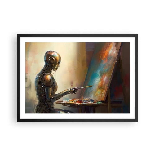 Póster en marco negro - Un robot pintando sobre un lienzo con un estilo artístico. - 70x50cm - Arte del futuro - Decoración de pared moderna para salón y dormitorio ARTTOR