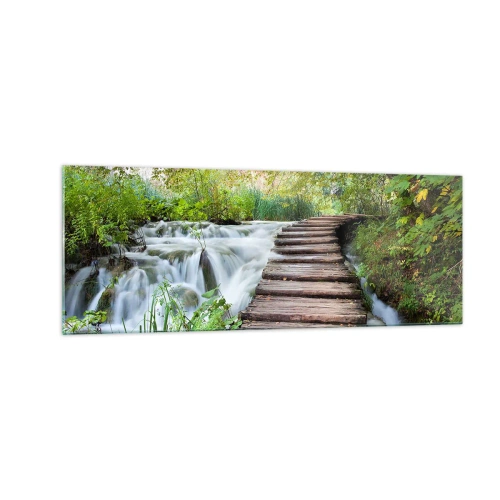 Cuadro sobre vidrio - Impresiones sobre Vidrio - Un puente de madera sobre una cascada rodeado de un exuberante bosque verde. - 140x50cm - No es agua silenciosa en absoluto - Decoración de pared moderna para salón y dormitorio ARTTOR