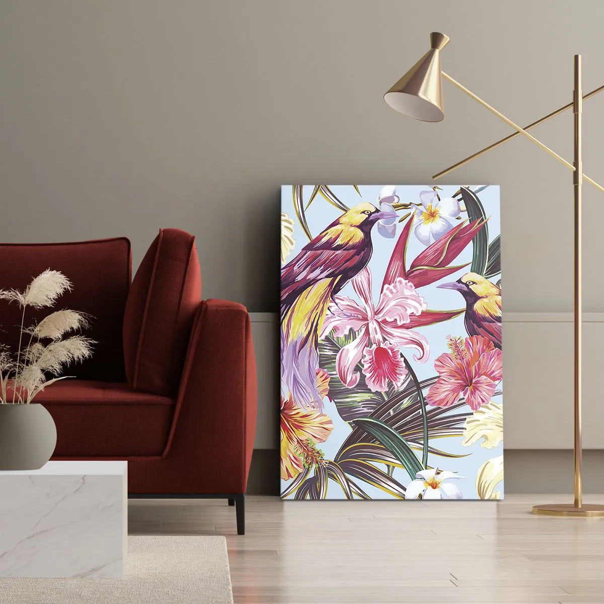 Cuadro sobre lienzo - Impresión de Imagen - Aves exóticas entre flores tropicales - 50x70cm - Pétalos y plumas - Decoración de pared moderna para salón y dormitorio ARTTOR