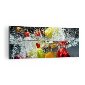 Cuadro sobre lienzo - Impresión de Imagen - Frutas coloridas en el agua durante la inmersión dinámica. - 120x50cm - Refresco afrutado - Decoración de pared moderna para salón y dormitorio ARTTOR