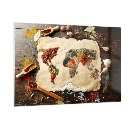 Cuadro sobre vidrio - Impresiones sobre Vidrio - Un mapa del mundo hecho con varias especias sobre un fondo rústico. - 120x80cm - Todos los sabores del mundo - Decoración de pared moderna para salón y dormitorio ARTTOR