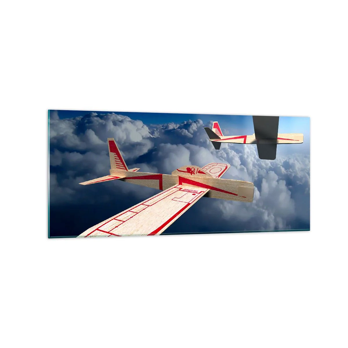 Cuadro sobre vidrio - Impresiones sobre Vidrio - Dos aviones de madera volando sobre las nubes contra un cielo azul. - 120x50cm - Más alto, más lejos - Decoración de pared moderna para salón y dormitorio ARTTOR