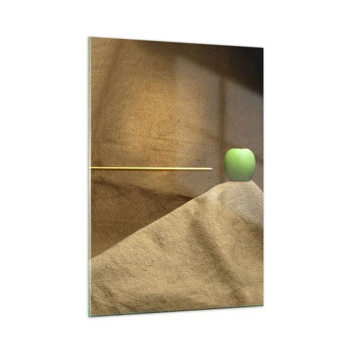 Cuadro sobre vidrio - Impresiones sobre Vidrio - Una manzana verde sobre un fondo beige con una flecha que la atraviesa. - 50x70cm - Evocar el espíritu de Wilhelm Tell - Decoración de pared moderna para salón y dormitorio ARTTOR