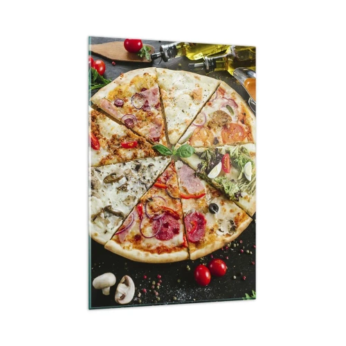 Cuadro sobre vidrio - Impresiones sobre Vidrio - Pizza en varios sabores con fondo de ingredientes. - 80x120cm - Una gama de gustos - Decoración de pared moderna para salón y dormitorio ARTTOR