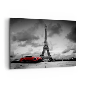 Cuadro sobre lienzo - Impresión de Imagen - Coche retro rojo frente a la Torre Eiffel en blanco y negro - 100x70cm - No hace mucho tiempo, en París - Decoración de pared moderna para salón y dormitorio ARTTOR