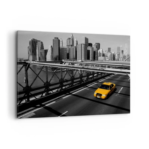 Cuadro sobre lienzo - Impresión de Imagen - Taxi amarillo en un puente con vistas al horizonte de Nueva York - 120x80cm - El color de la gran ciudad - Decoración de pared moderna para salón y dormitorio ARTTOR