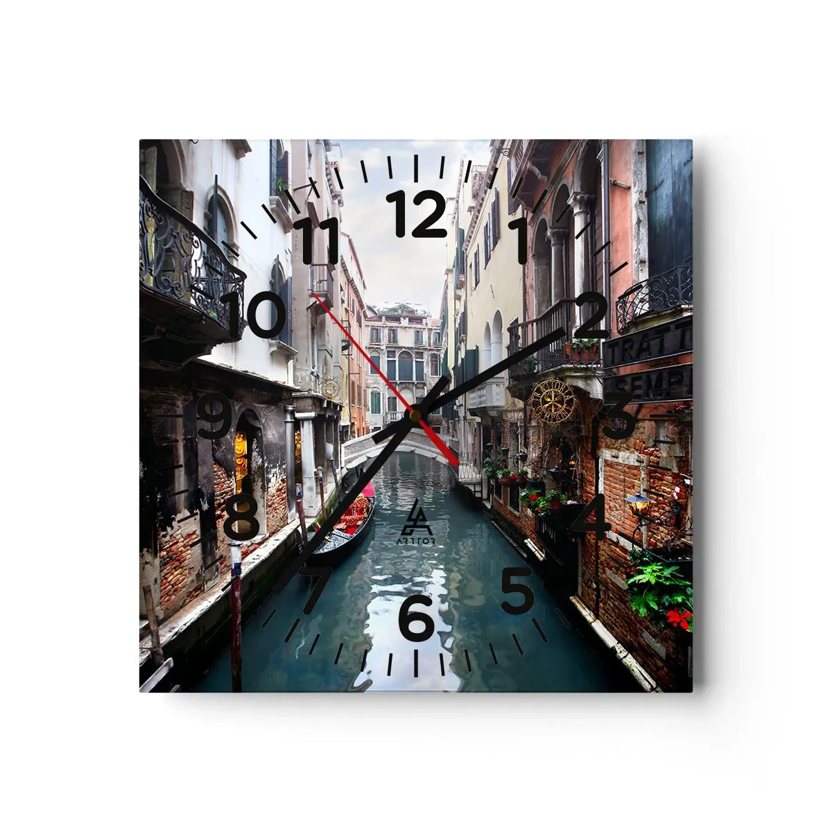 Reloj de pared - Reloj de vidrio - Paisaje veneciano con góndola y puente - 30x30 cm