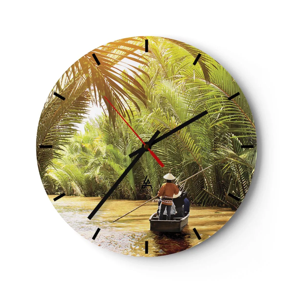 Reloj de pared - Reloj de vidrio - Personas en un barco navegando a través de un denso bosque de palmeras. - 30x30cm - En un túnel de palmeras - Decoración de pared moderna para salón, cocina y dormitorio ARTTOR