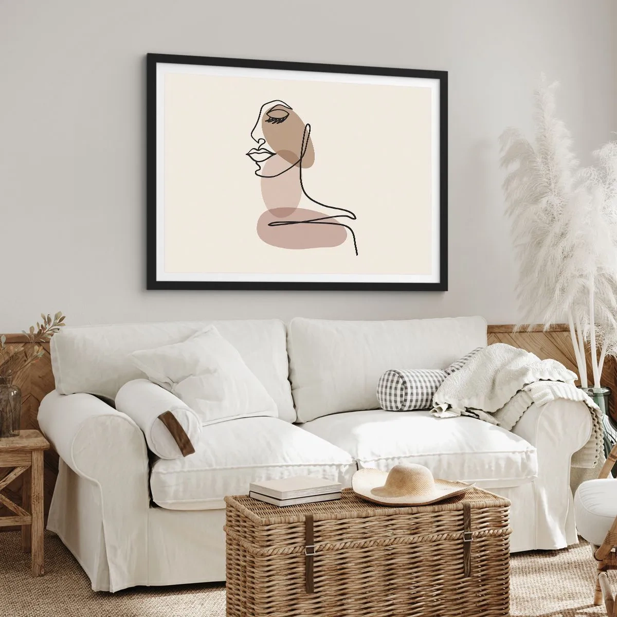 Póster en marco negro - Un perfil femenino en un estilo de arte lineal minimalista. - 70x50cm - Una línea de hermosura - Decoración de pared moderna para salón y dormitorio ARTTOR