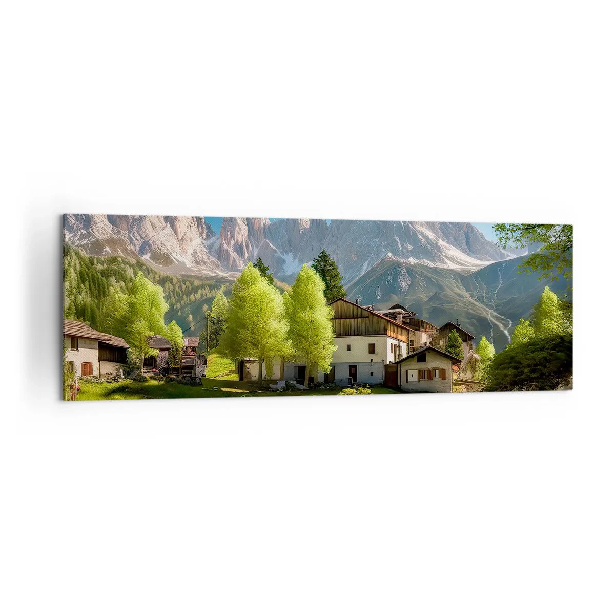 Cuadro sobre lienzo - Impresión de Imagen - Un pueblo de montaña con casas y vistas a los Alpes. - 160x50cm - Idilio alpino - Decoración de pared moderna para salón y dormitorio ARTTOR