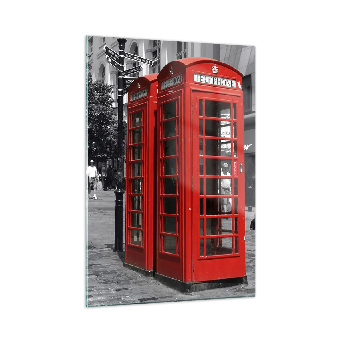 Cuadro sobre vidrio - Impresiones sobre Vidrio - Cabinas telefónicas rojas en una calle de Londres - 50x70cm - Cabinas telefónicas rojas - Decoración de pared moderna para salón y dormitorio ARTTOR