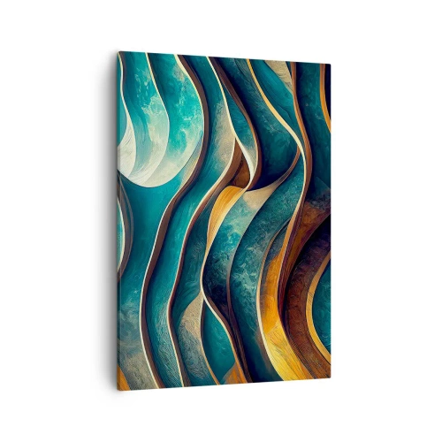 Cuadro sobre lienzo - Impresión de Imagen - Ondas abstractas en tonos turquesa y dorado - 50x70cm - Meandros de azul - Decoración de pared moderna para salón y dormitorio ARTTOR