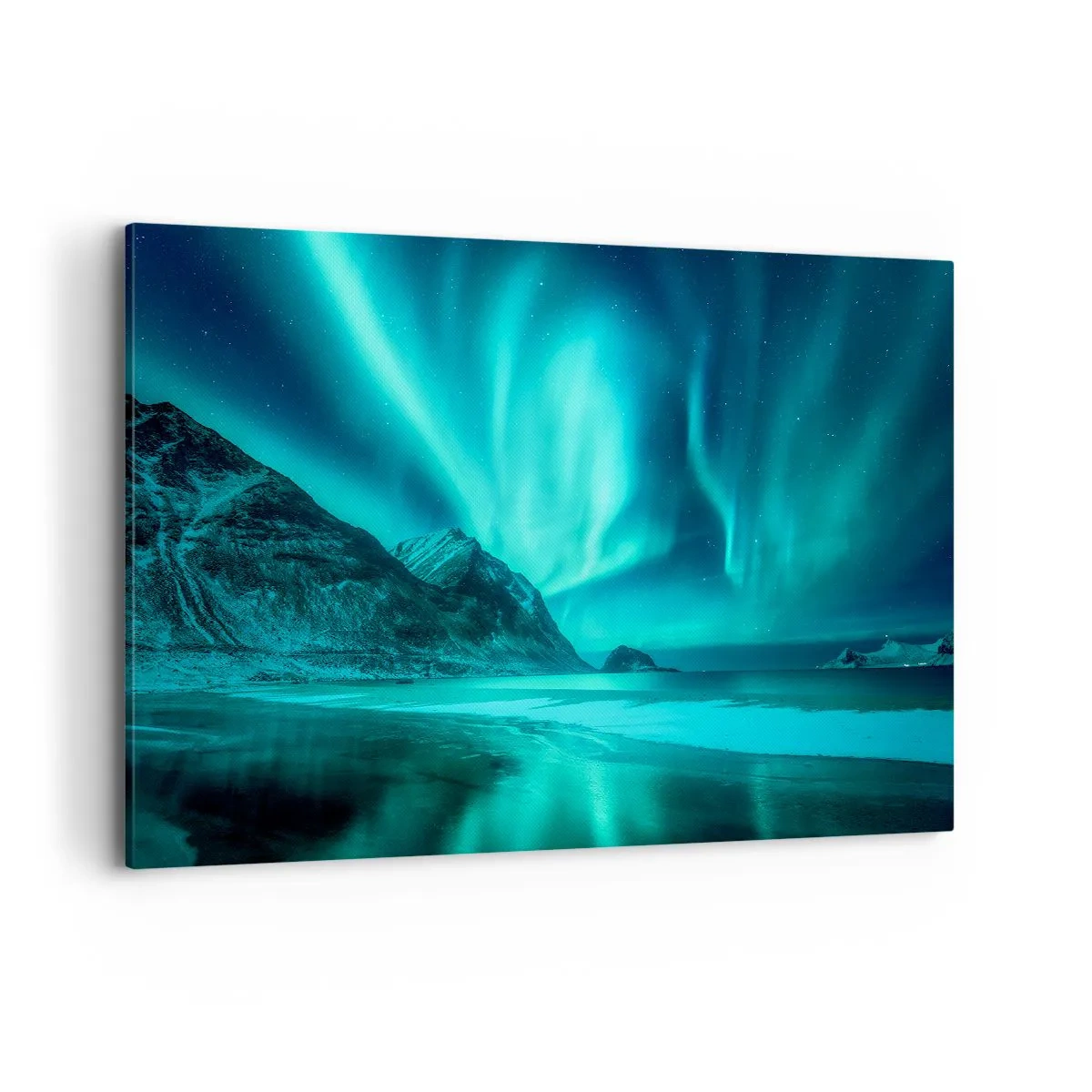 Cuadro sobre lienzo - Impresión de Imagen - Aurora boreal sobre un paisaje invernal montañoso - 120x80cm - Maravillas del norte - Decoración de pared moderna para salón y dormitorio ARTTOR