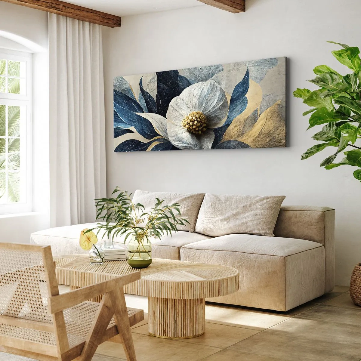 Cuadro sobre lienzo - Impresión de Imagen - Una flor con hojas azules sobre un fondo elegante. - 160x50cm - Con un corazón de oro - Decoración de pared moderna para salón y dormitorio ARTTOR
