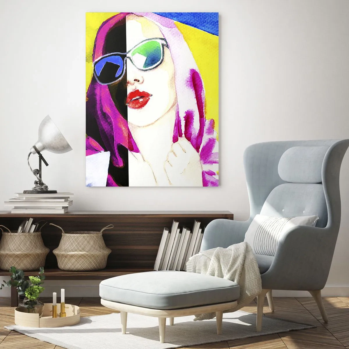 Cuadro sobre vidrio - Impresiones sobre Vidrio - Retrato de una mujer en un colorido estilo pop art. - 50x70cm - Contrastes - Decoración de pared moderna para salón y dormitorio ARTTOR