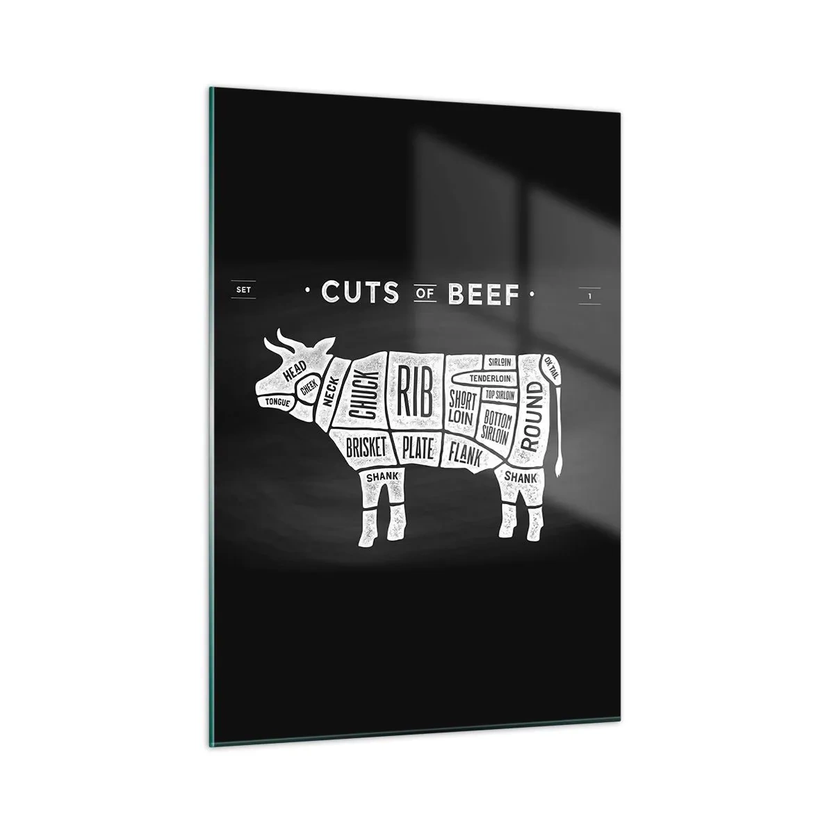 Cuadro sobre vidrio - Impresiones sobre Vidrio - Diagrama de corte de carne de res en una pizarra - 50x70cm - Manual del carnicero - Decoración de pared moderna para salón y dormitorio ARTTOR