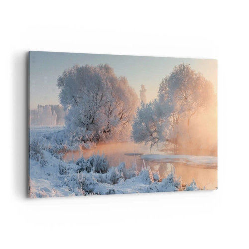 Cuadro sobre lienzo - Impresión de Imagen - Paisaje invernal con árboles cubiertos de nieve y una puesta de sol. - 100x70cm - Brillo cristalino - Decoración de pared moderna para salón y dormitorio ARTTOR