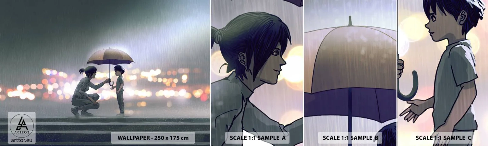 Muestra De Fotomural Standard Eco - Y todo está bien - Para niños, Familia, Paraguas - 100x30 cm