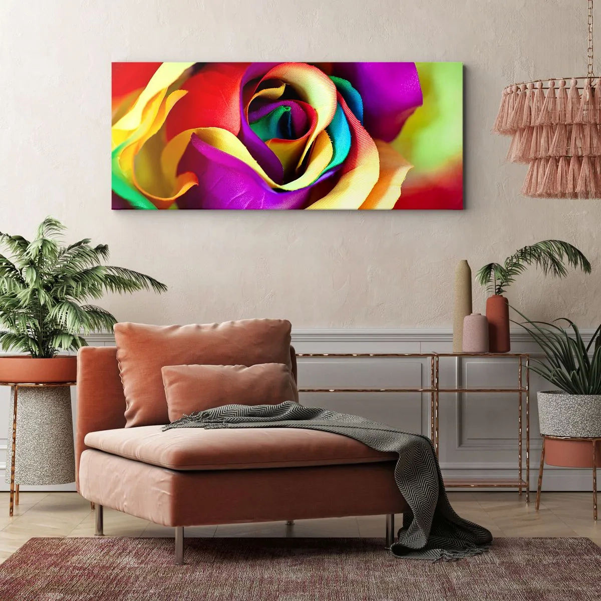 Cuadro sobre lienzo - Impresión de Imagen - Una rosa colorida en tonos arcoíris. - 120x50cm - Es imposible - Decoración de pared moderna para salón y dormitorio ARTTOR