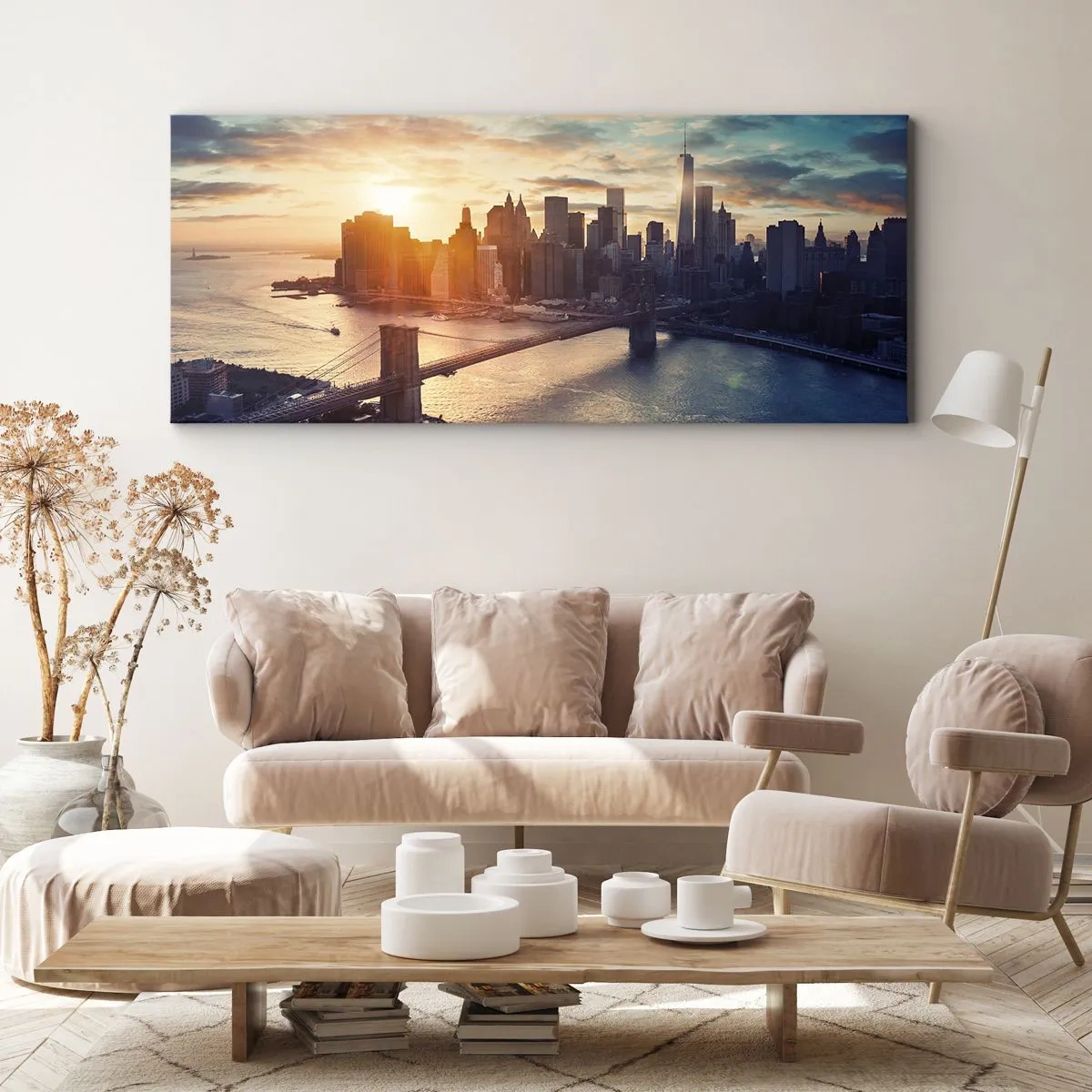 Cuadro sobre lienzo - Impresión de Imagen - Panorama de la ciudad con el puente y el río a la luz del sol poniente - 120x50cm - Un monumento a la cultura occidental - Decoración de pared moderna para salón y dormitorio ARTTOR