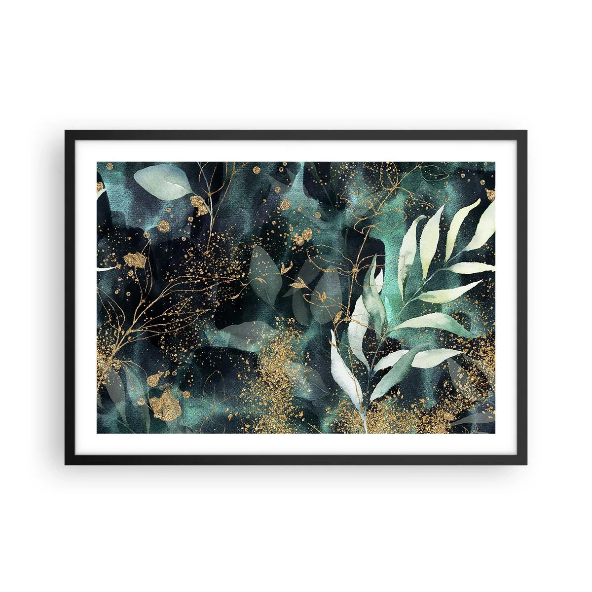 Póster en marco negro - Hojas elegantes sobre un fondo oscuro con acentos dorados. - 70x50cm - Jardín encantado - Decoración de pared moderna para salón y dormitorio ARTTOR