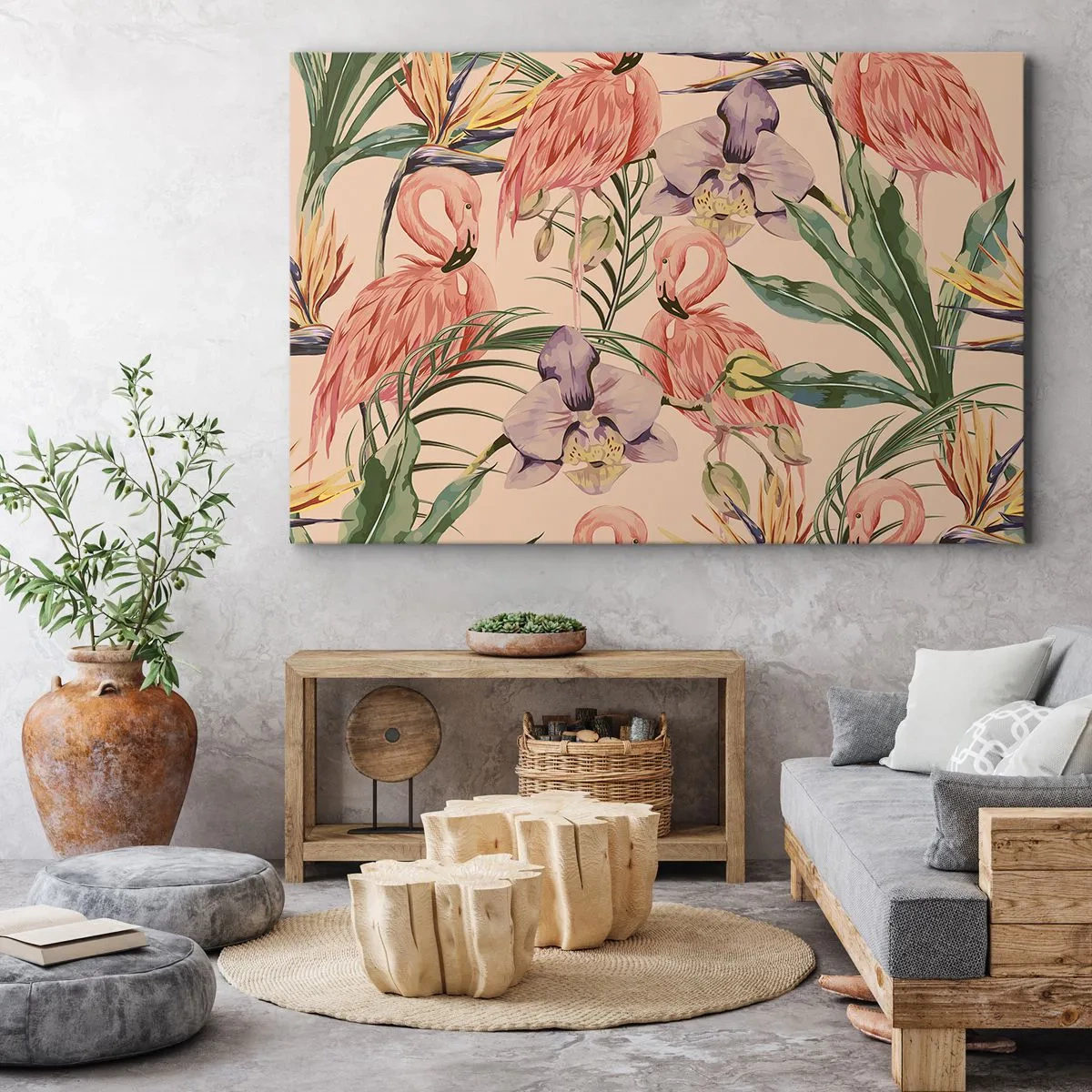 Cuadro sobre lienzo - Impresión de Imagen - Flamencos y flores tropicales sobre un fondo claro. - 70x50cm - Un ballet rosa en flores - Decoración de pared moderna para salón y dormitorio ARTTOR