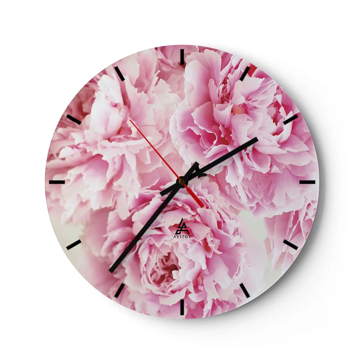 Reloj de pared - Reloj de vidrio - Flores de peonía rosa sobre un fondo blanco. - 30x30cm - En el esplendor del rosa - Decoración de pared moderna para salón, cocina y dormitorio ARTTOR