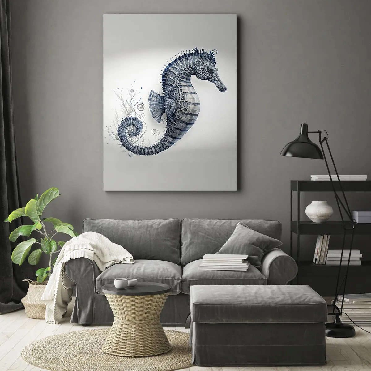 Cuadro sobre lienzo - Impresión de Imagen - Caballito de mar en tonos azules con detalles de acuarela - 70x100cm - Una sutil broma de la naturaleza - Decoración de pared moderna para salón y dormitorio ARTTOR