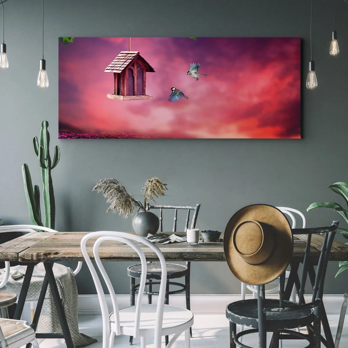 Cuadro sobre lienzo - Impresión de Imagen - Un paisaje pintoresco con una casa para pájaros y una puesta de sol. - 120x50cm - Invitación a una cena - Decoración de pared moderna para salón y dormitorio ARTTOR